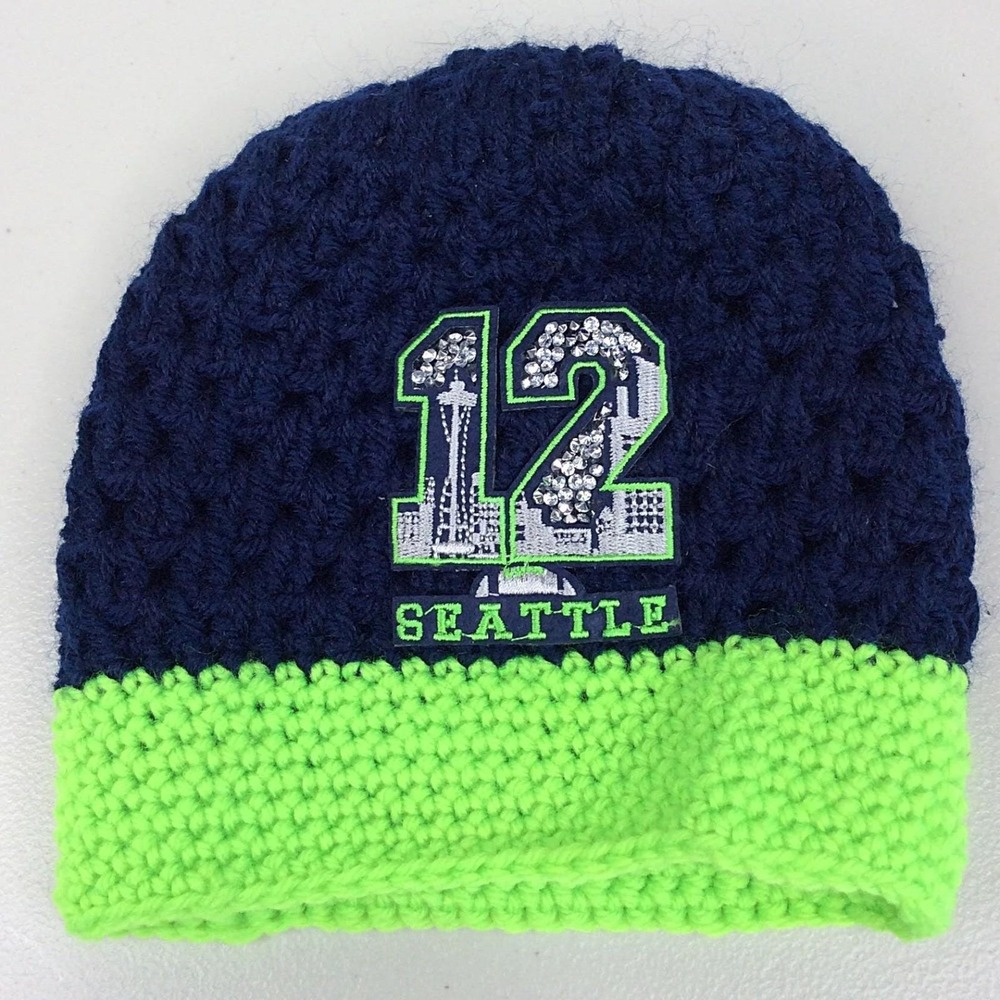Youth NFL Seattle Seahawks Hand Crocheted Beanie Hat 12 Rhinestone Patch